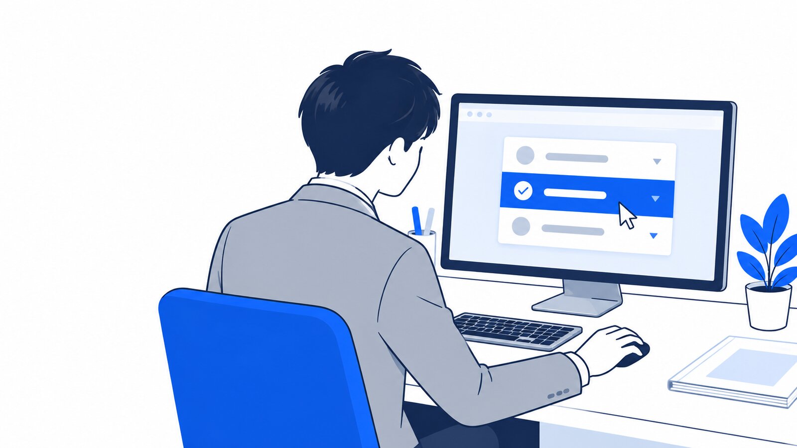 会社員がPCでClaudeのモデル選択メニューを開いて、Sonnetを選んでいる様子を肩越しに見た構図