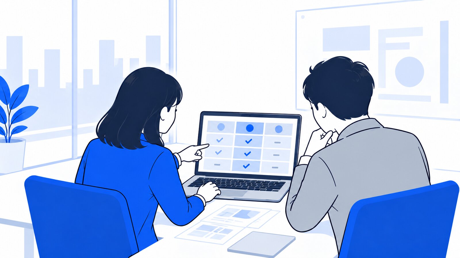 会議室で担当者が自分のPCの比較表を上司に見せ、使うモデルを相談している