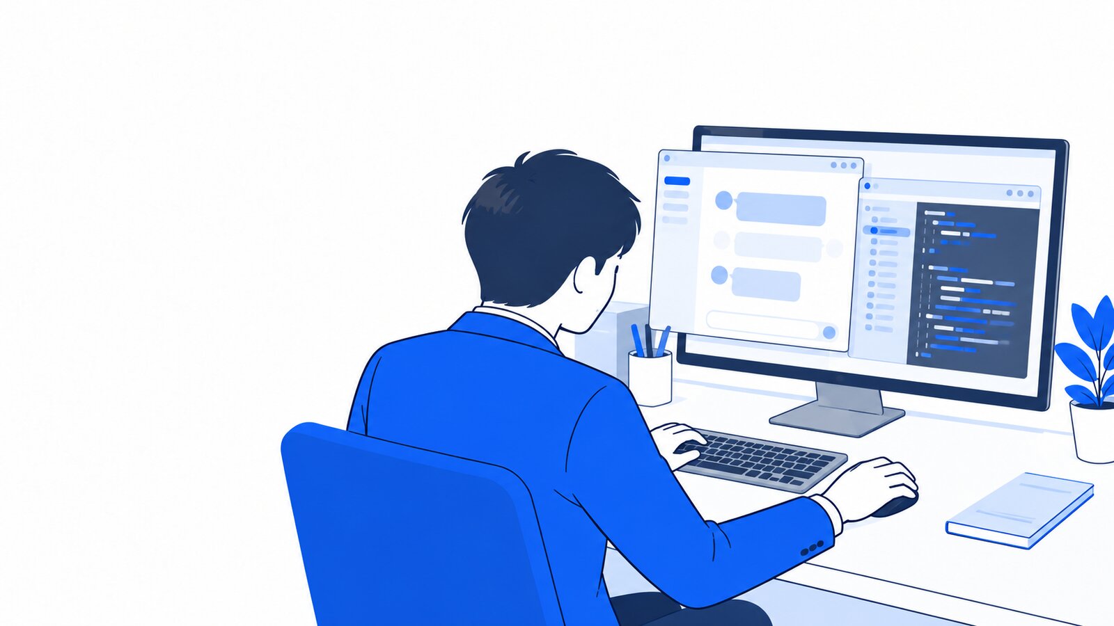 会社員がPCでClaudeアプリとClaude Codeの画面を切り替えながら作業している様子を肩越しに見た構図
