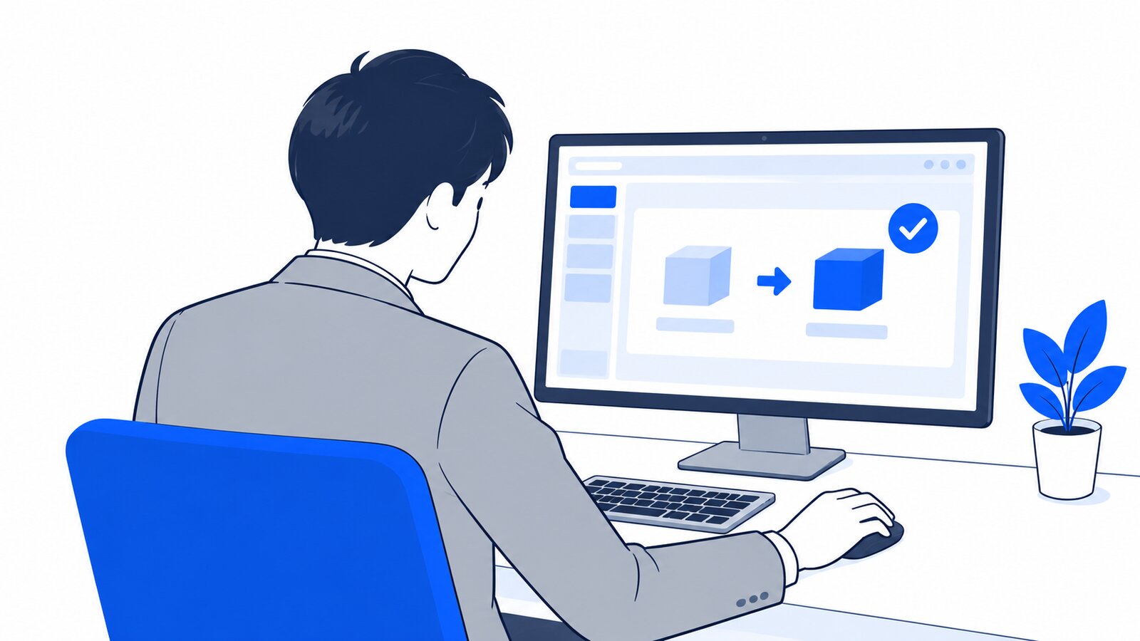 担当者がPCに表示された「モデルが切り替わりました」という通知を確認している様子を肩越しに見た構図