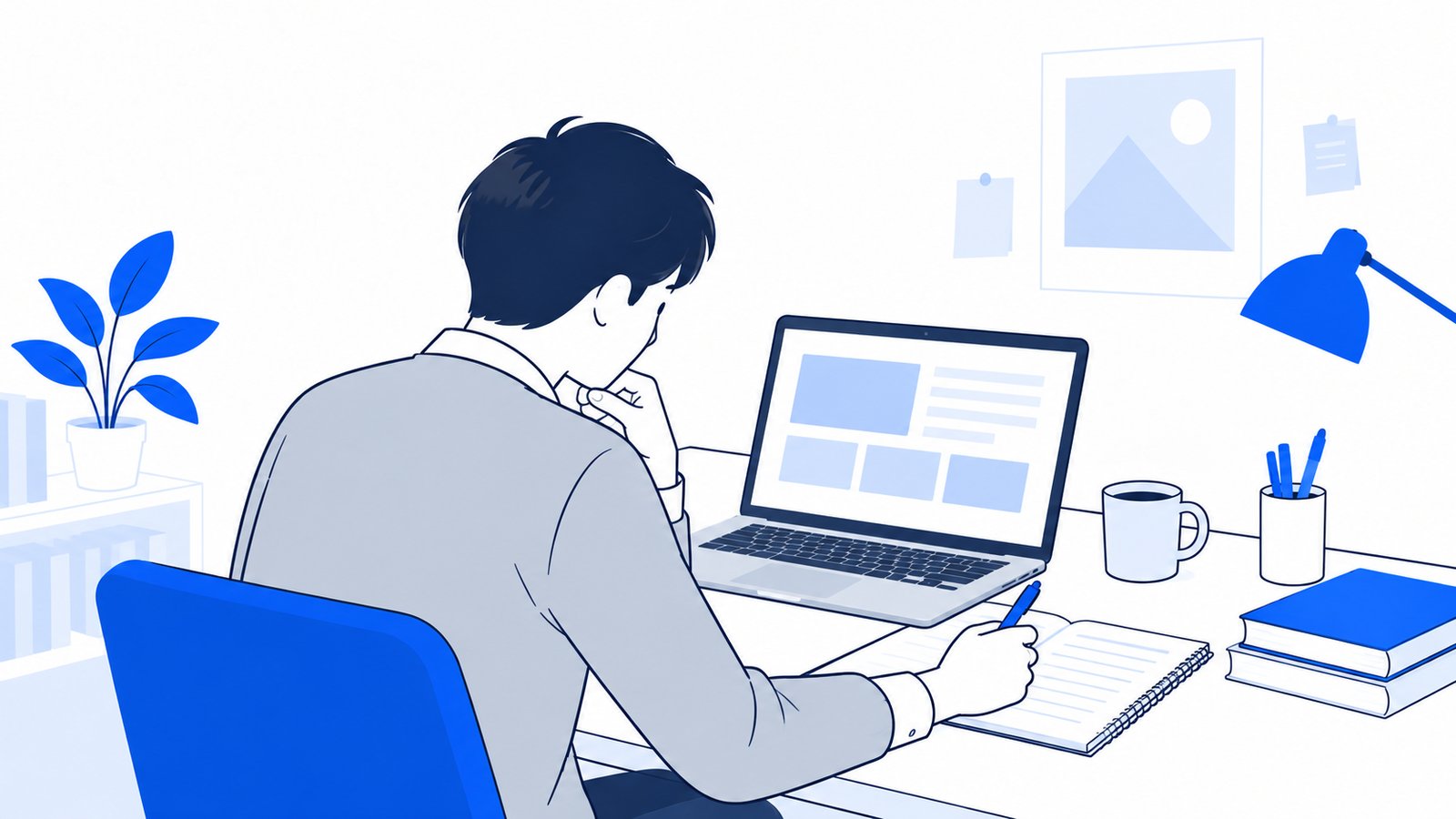 ノートPCの画面を見ながら質問したいことを整理してノートに書く学生