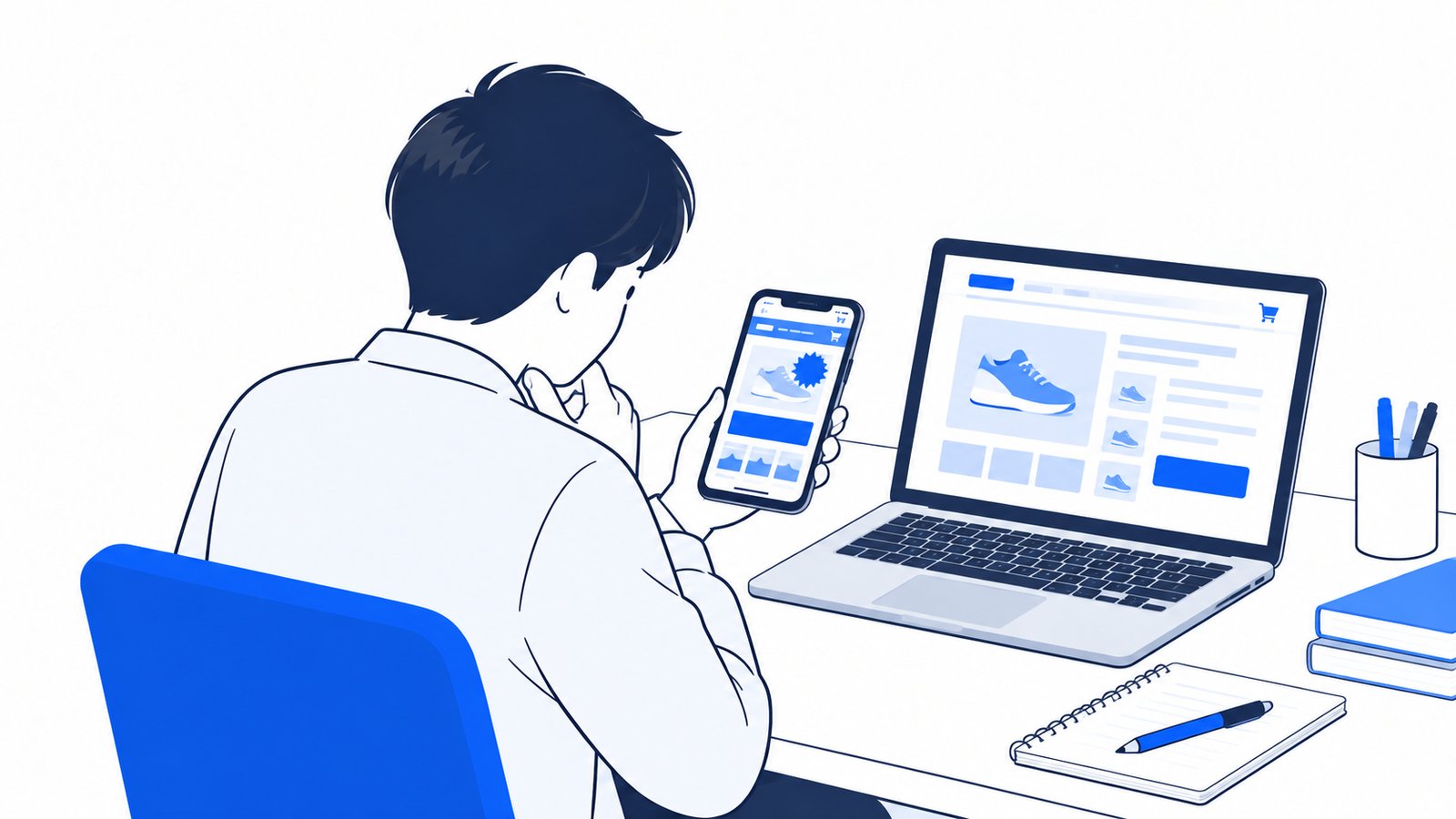 スマホで見つけた怪しい割引サイトの画面を見て、公式のページと見比べる学生