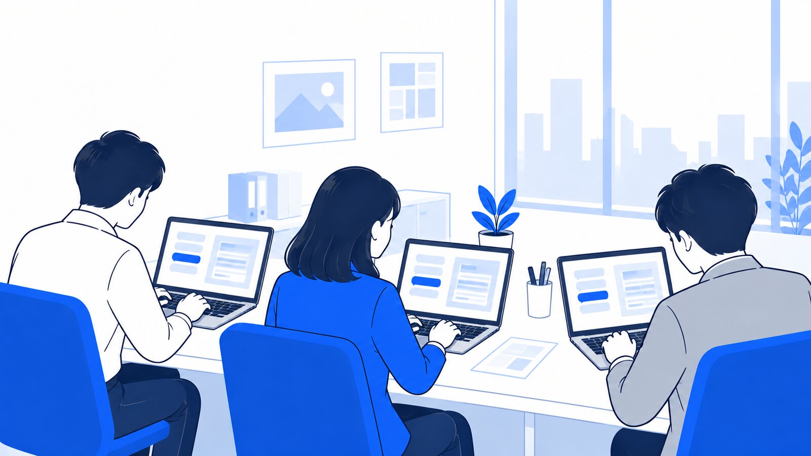 小さなオフィスで数人の社員がそれぞれのノートPCに向かい、AIを使って作業している場面