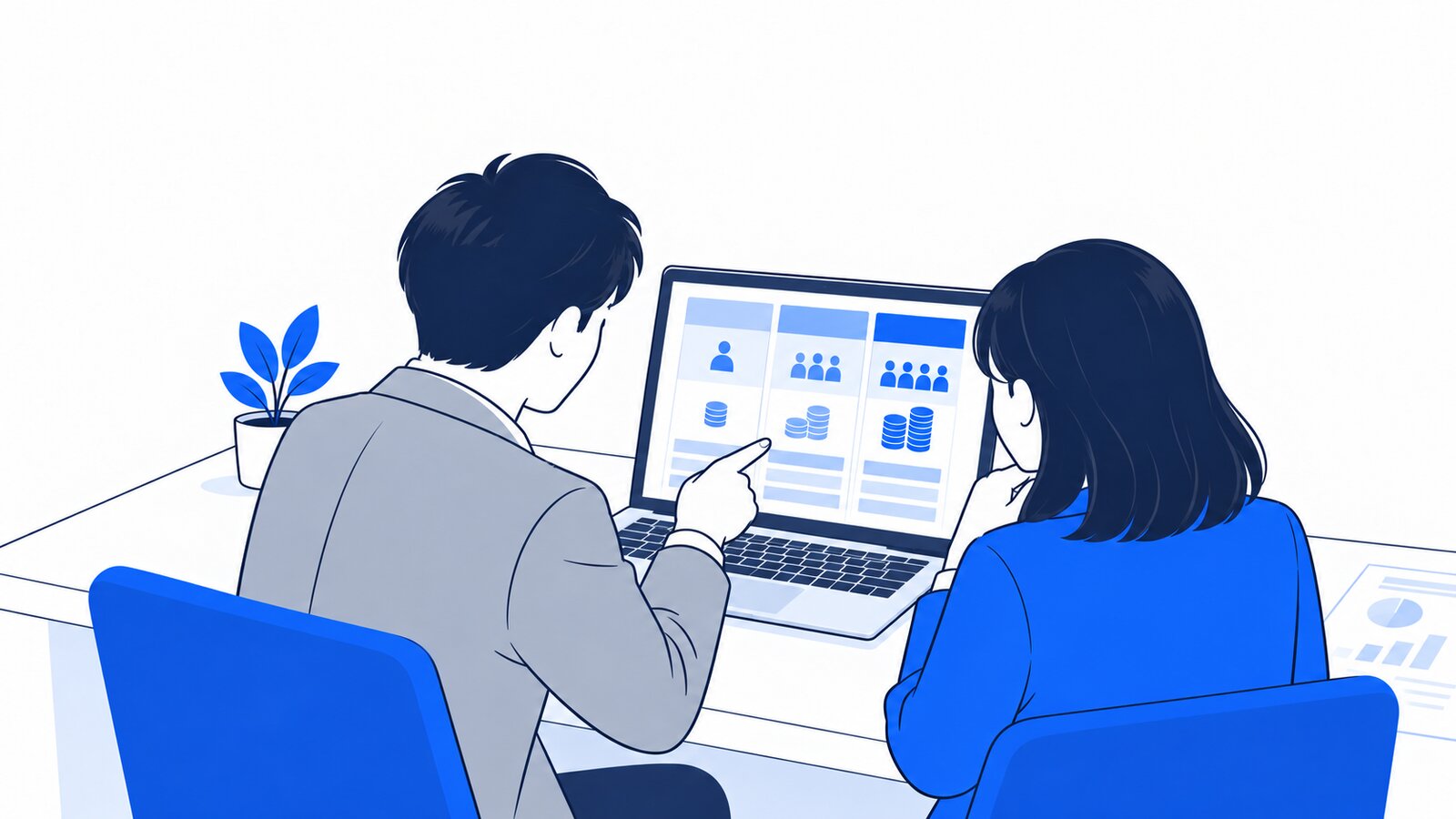 経営者と担当者がノートPCの料金表を見ながら人数と費用を相談している場面。PCは二人の方を向いている