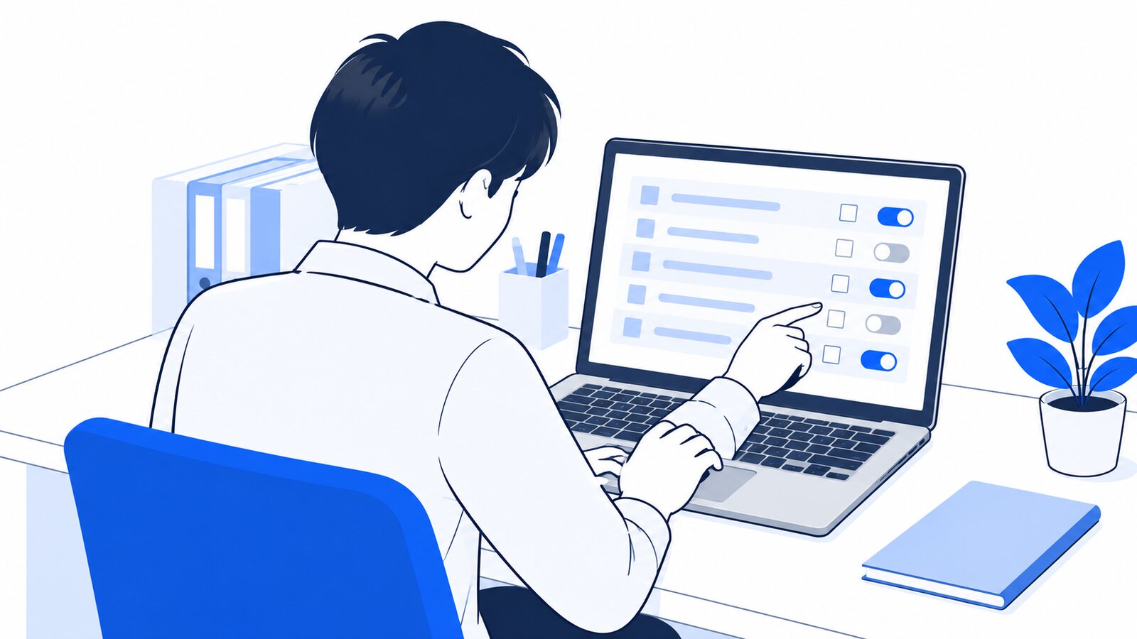 情報システムの担当者がノートPCで管理画面の設定を一つずつ確認している様子を肩越しに見た場面