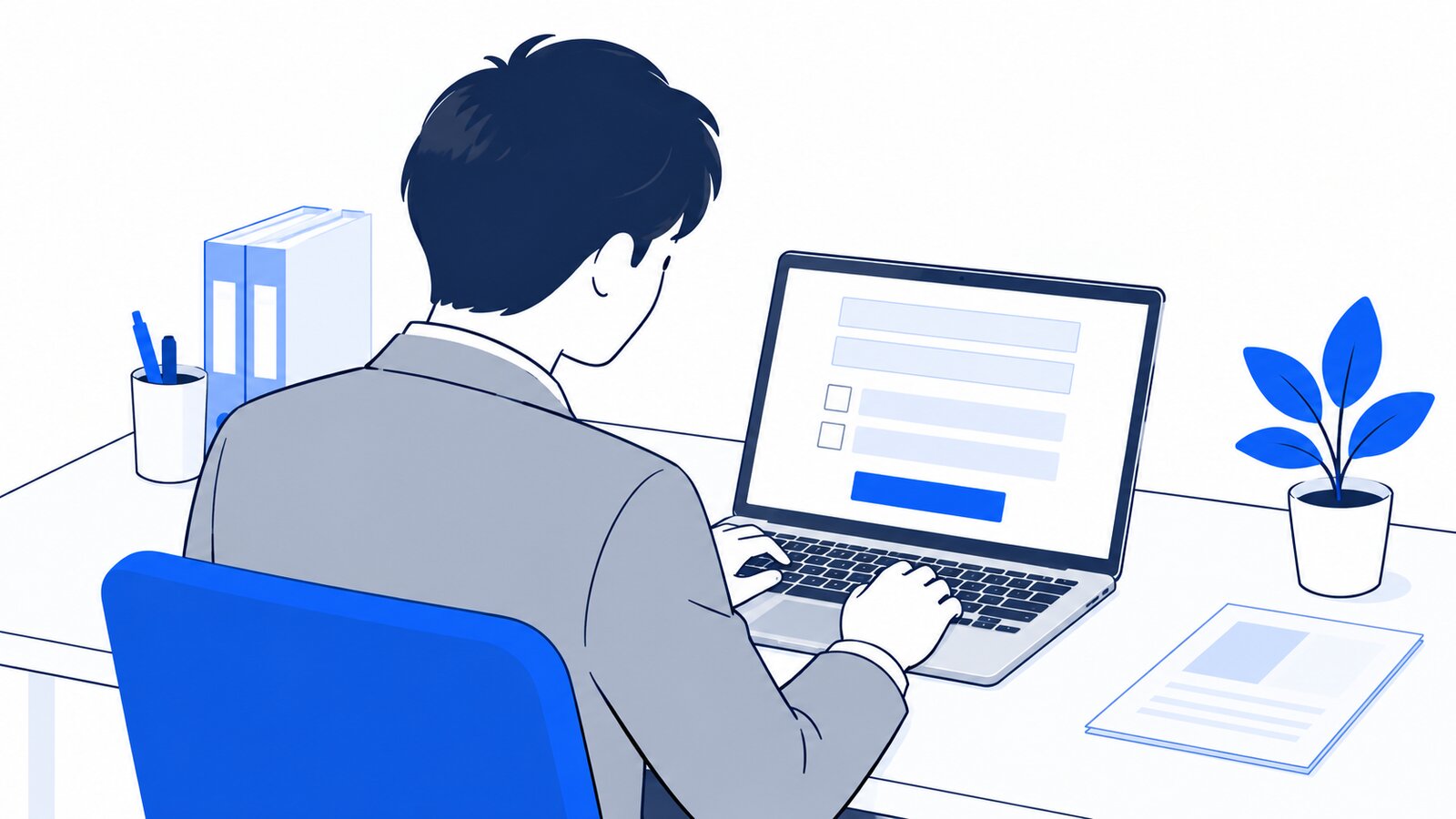 担当者がノートPCで申し込みの手続きを進めている様子を肩越しに見た場面