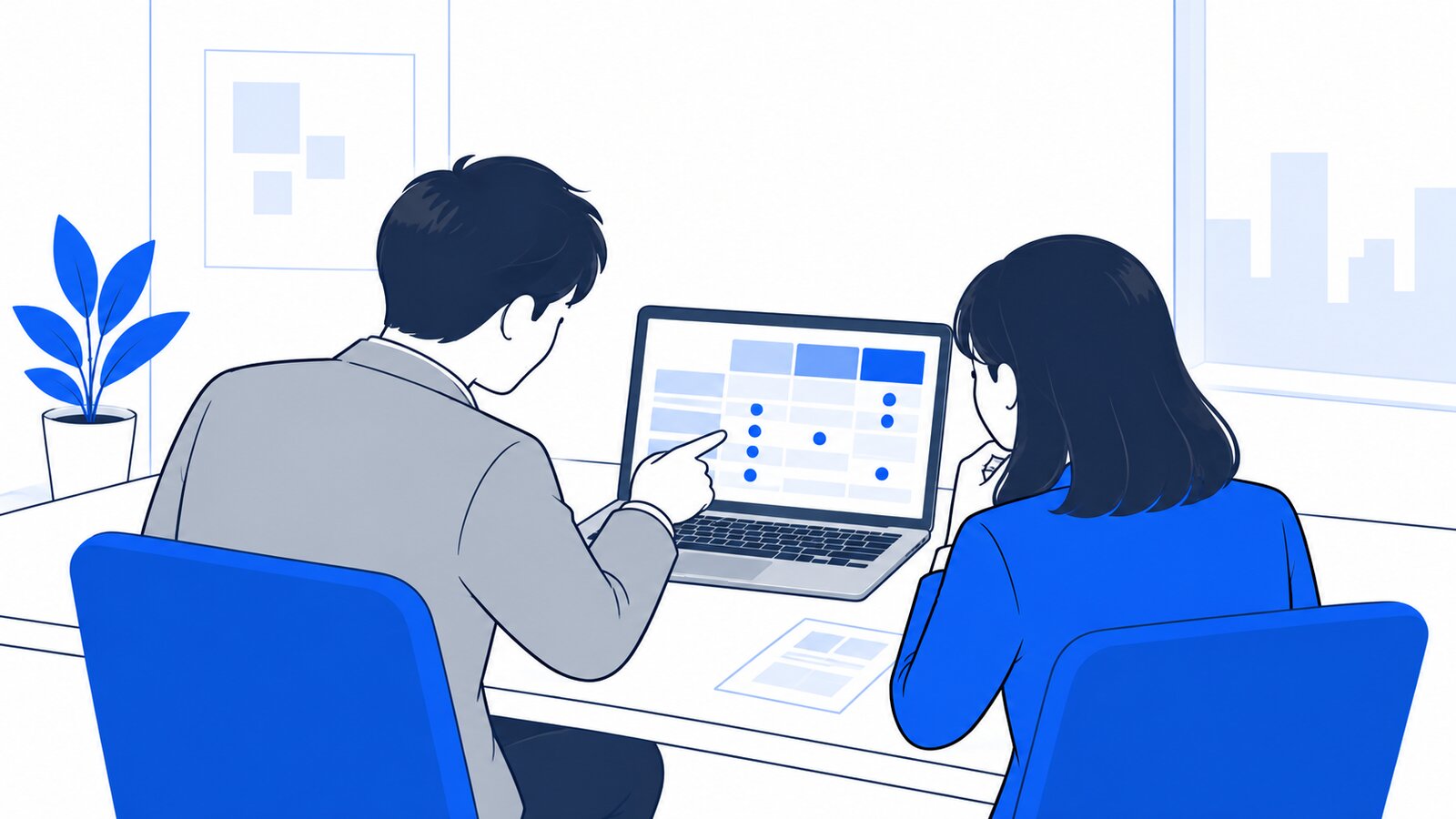 会議室で上司と担当者がノートPCに映したプランの比較表を見ながら相談している場面