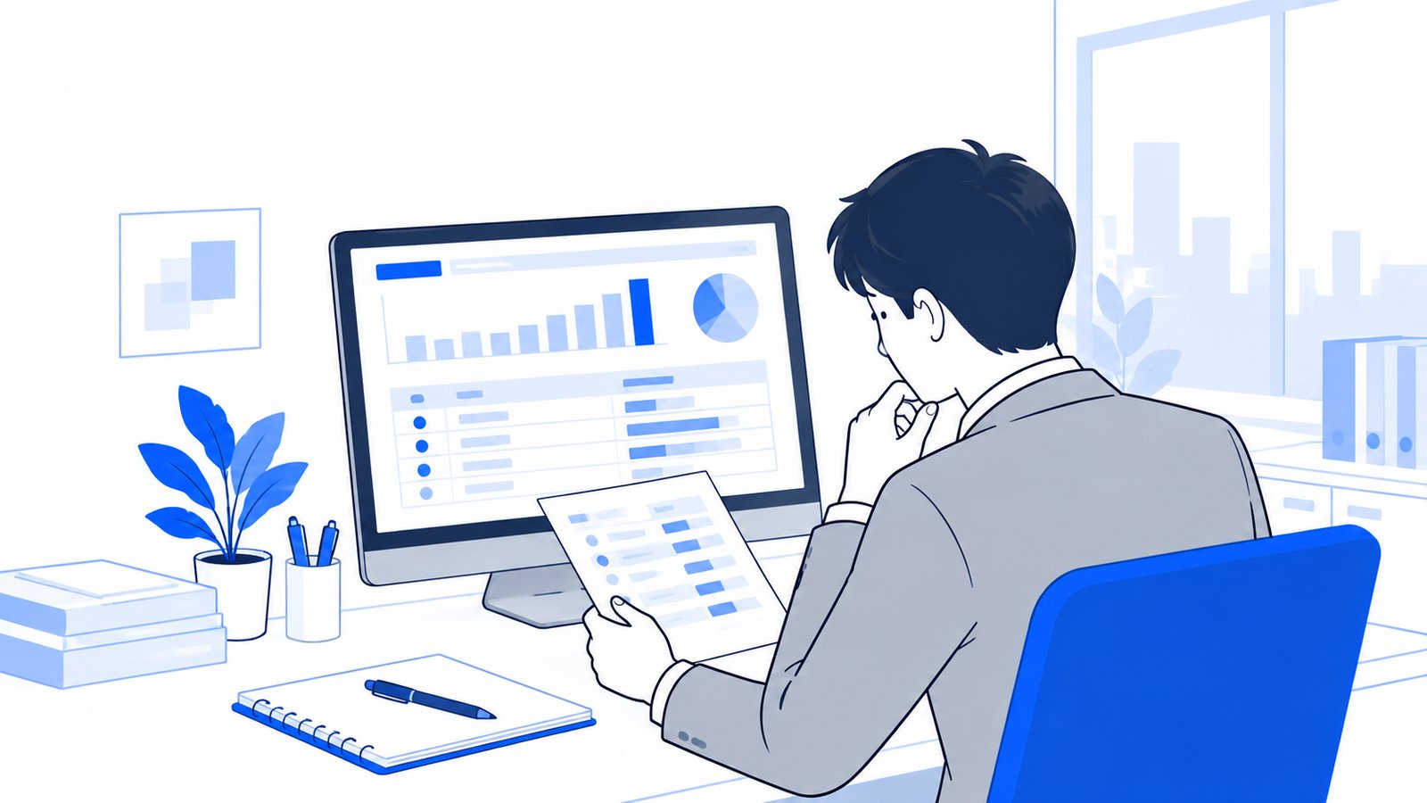 内訳の一覧を見ながら、使用量が多い原因を探す会社員