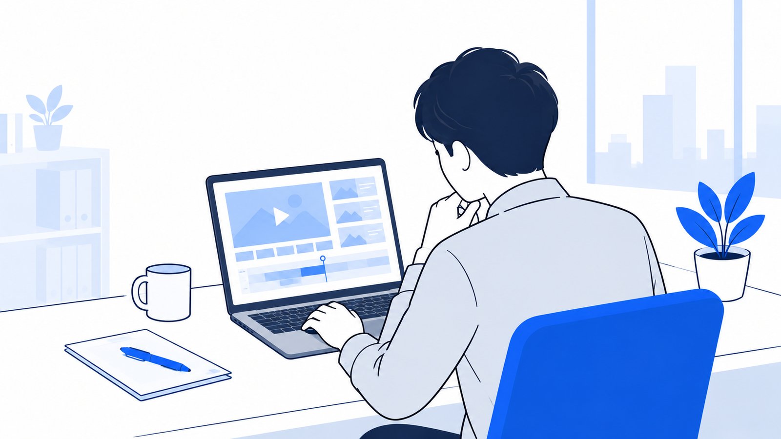 ノートPCの画面を見ながら、AIで動画を作れるかを調べている会社員