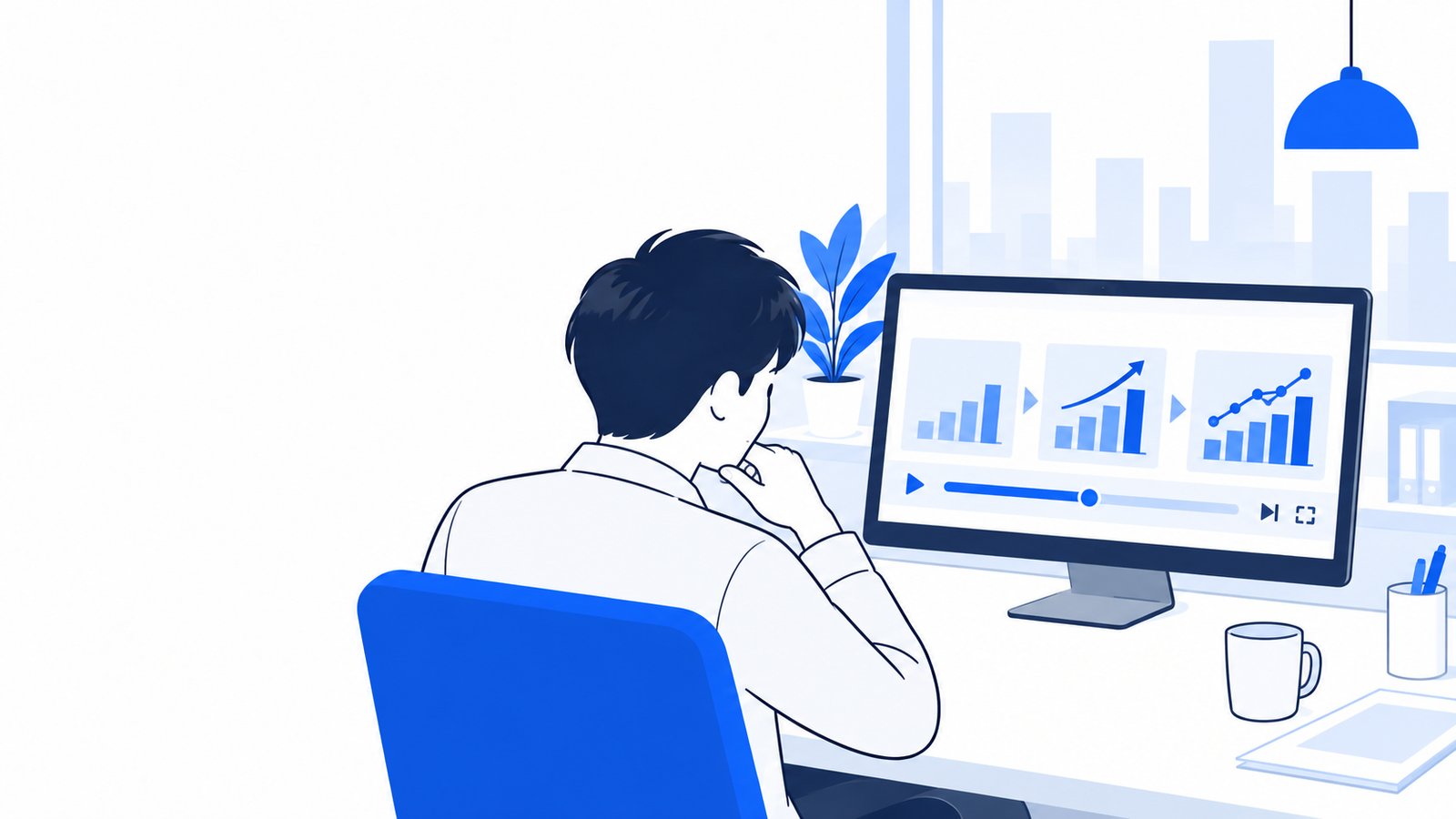 PCの画面で、グラフが動く説明動画の仕上がりを確認している会社員
