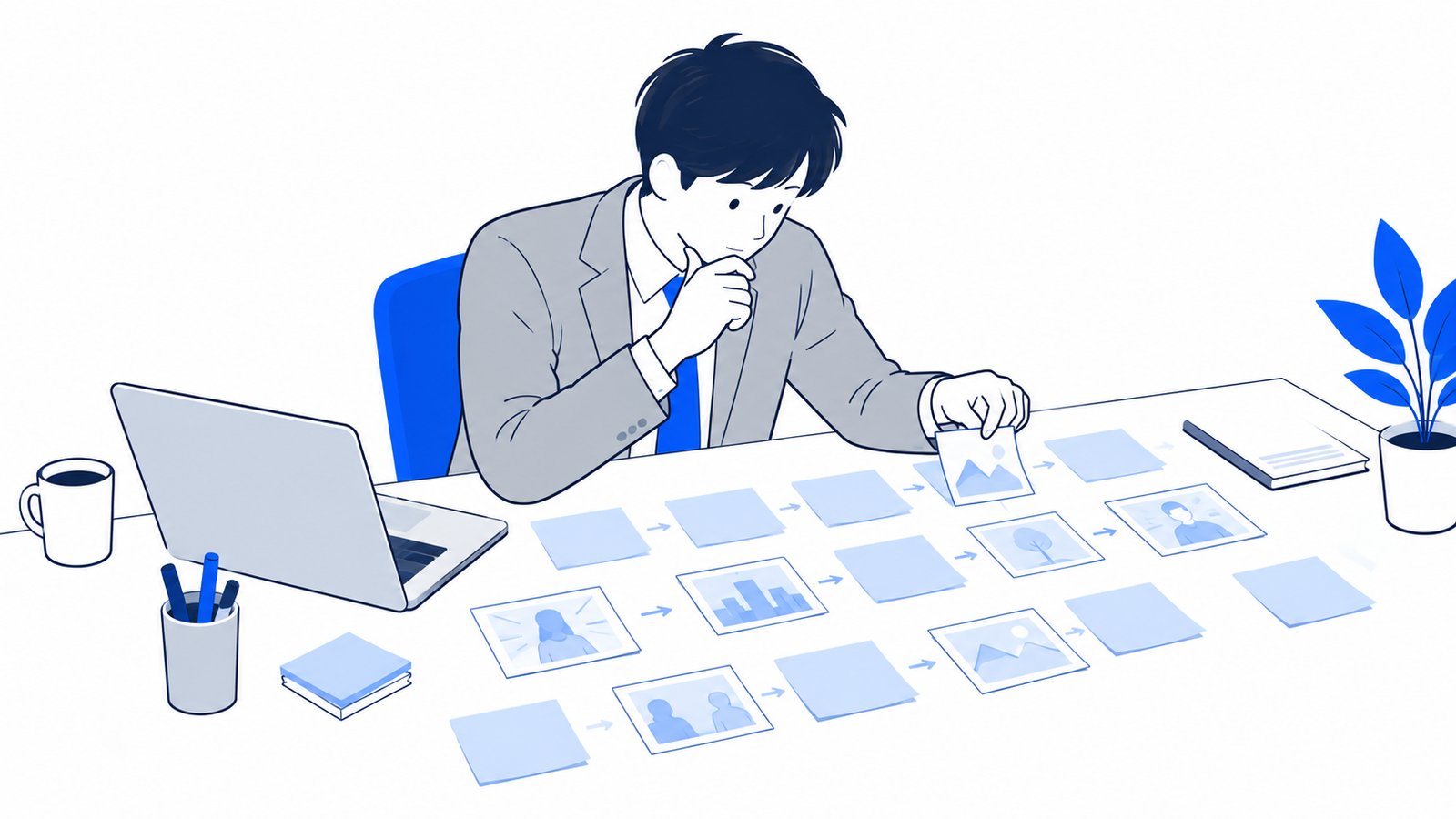 机の上に場面を書いた付箋を並べて、動画の台本を考えている担当者