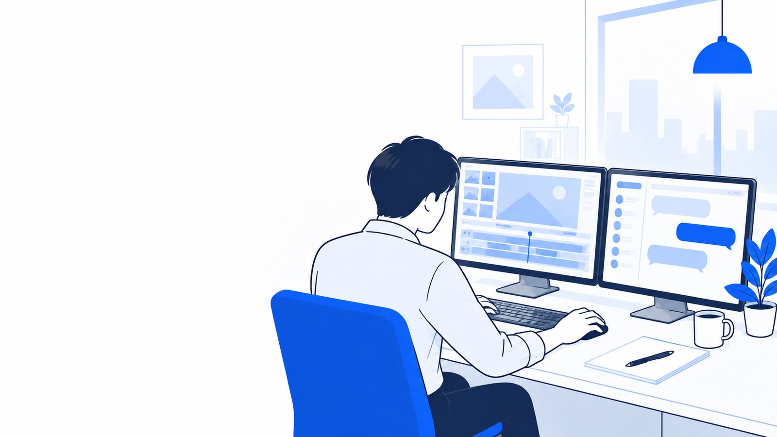 PCの画面に並んだ動画編集ツールとチャット画面を見比べている担当者