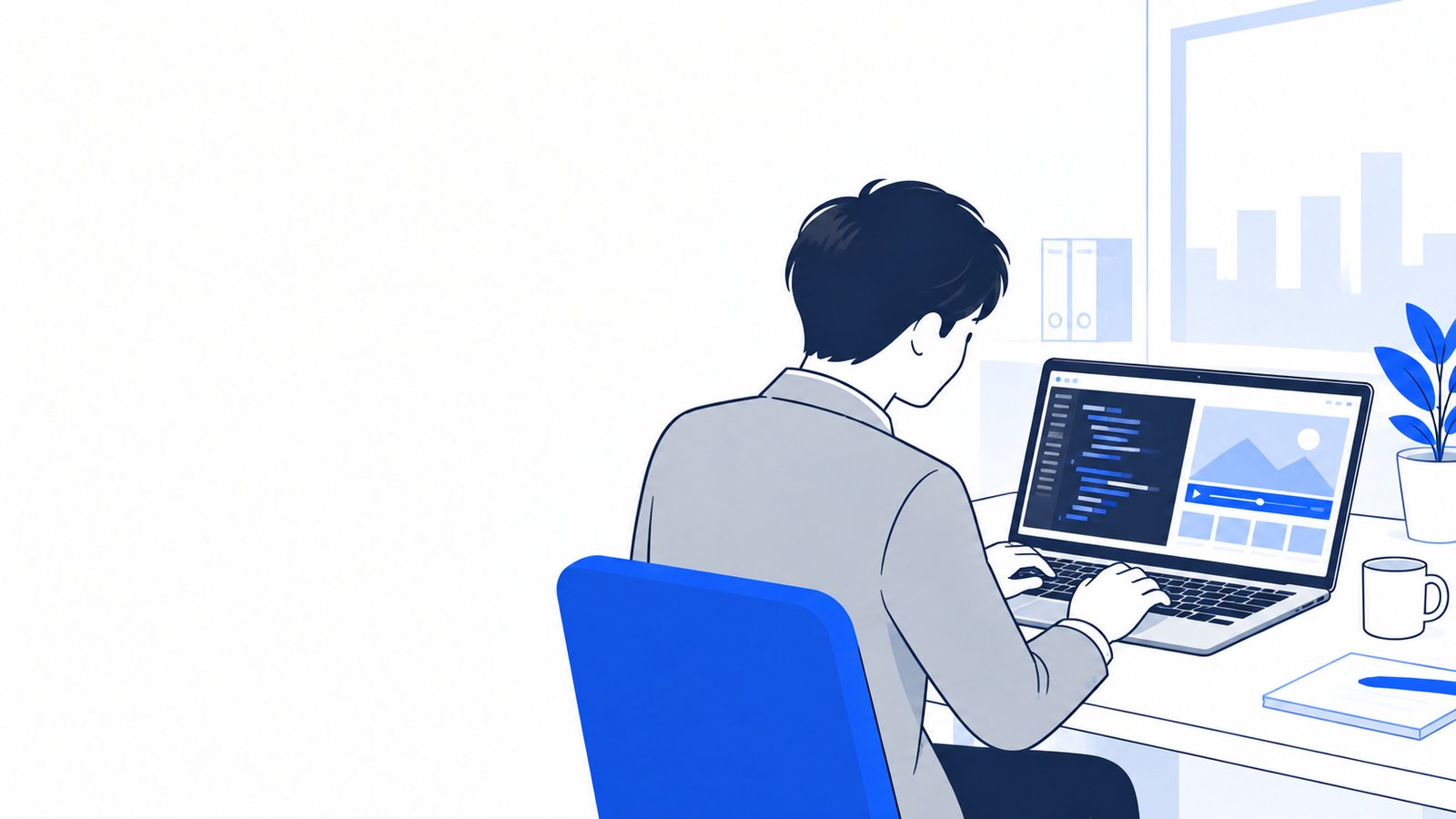 ノートPCでコードの画面と動画のプレビューを並べて確認している担当者