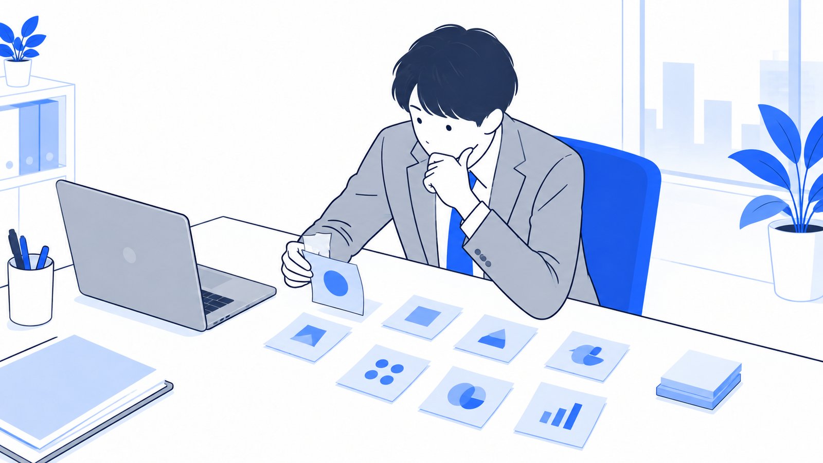 用途を書いた付箋を机に並べて、使う方法を選んでいる担当者