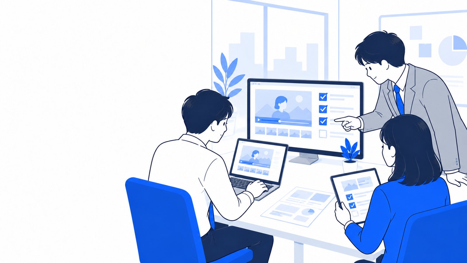 会議室で、公開前の動画の確認項目を見直している担当者たち