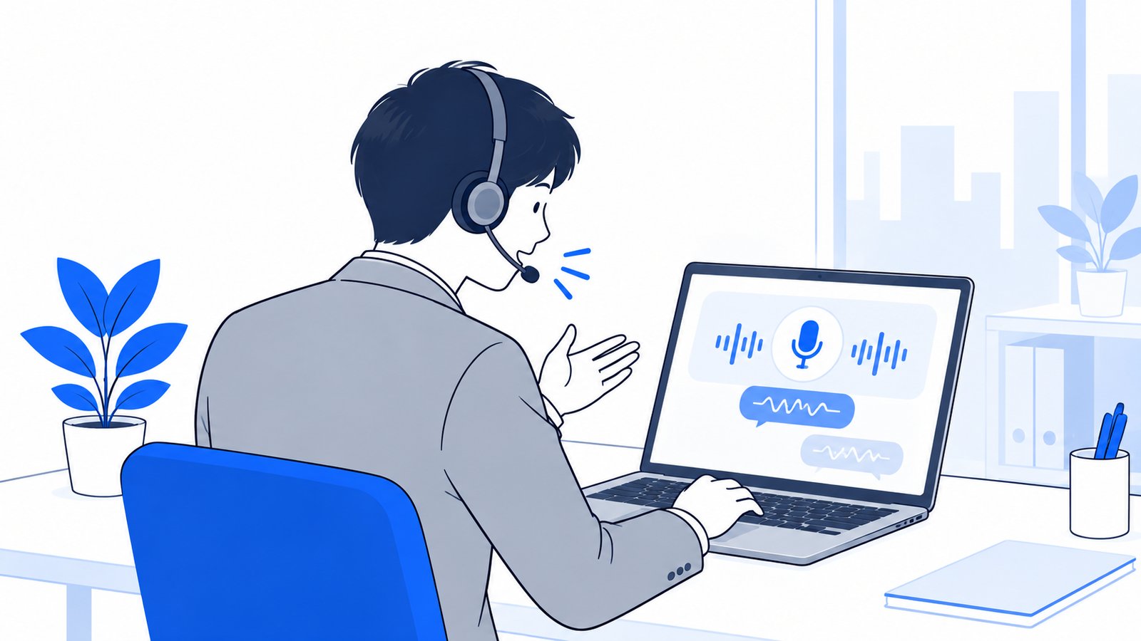 ヘッドセットをつけてノートPCに向かい、Claudeと声で会話する会社員
