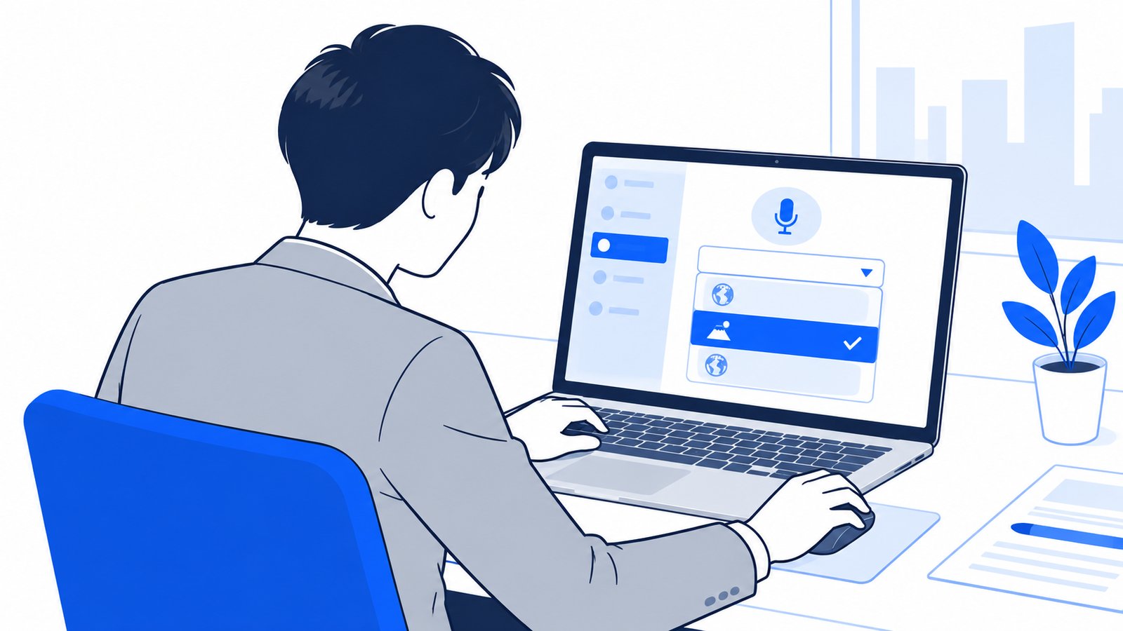 設定画面で音声の言語を日本語に選んでいる会社員の手元