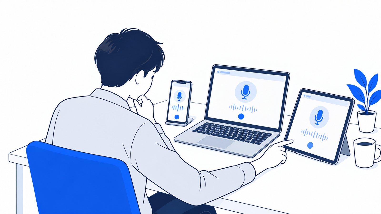 スマホ・ノートPC・タブレットを並べて、どの端末で音声を使うかを確認している担当者