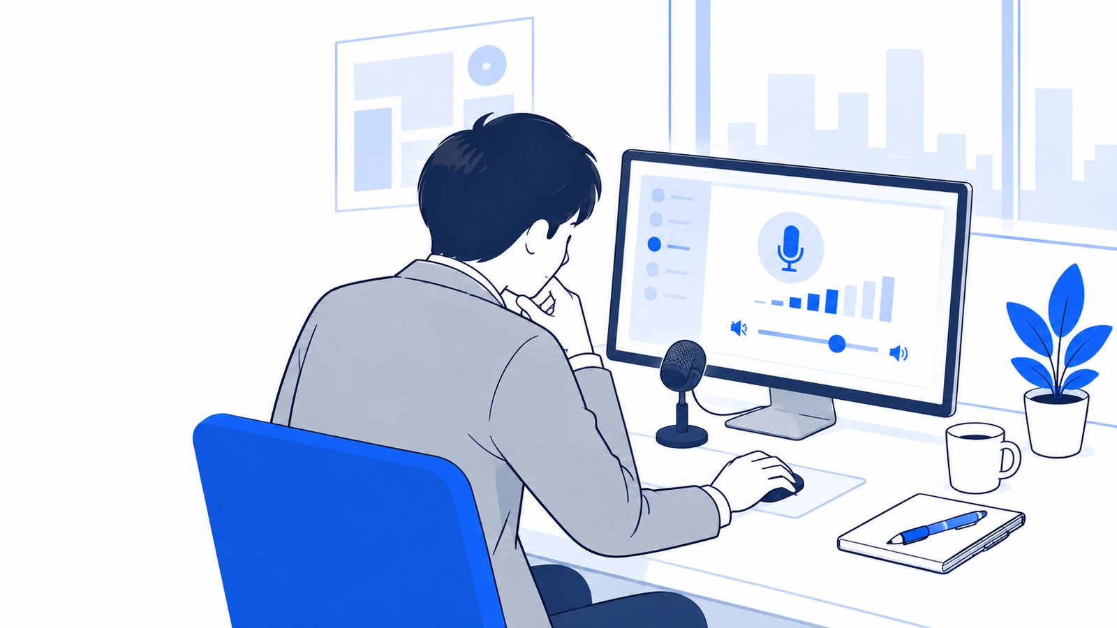 マイクの設定を確認しながら、音声入力がうまくいかない原因を調べる会社員