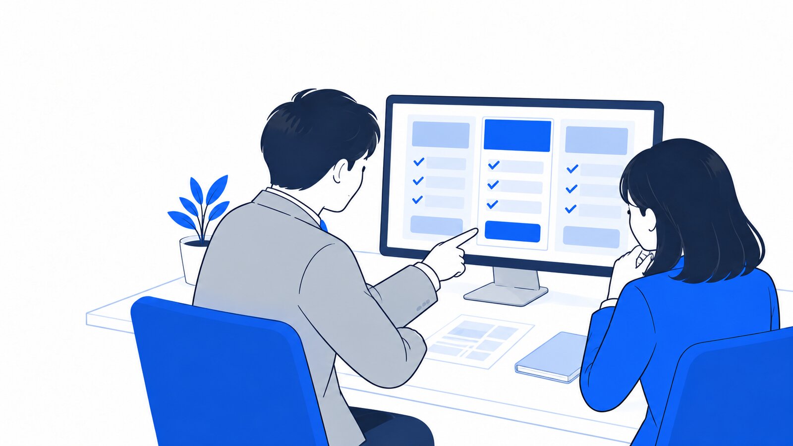 経営者と担当者がPCの料金表を見ながら相談している様子。PCは二人の方に向いている