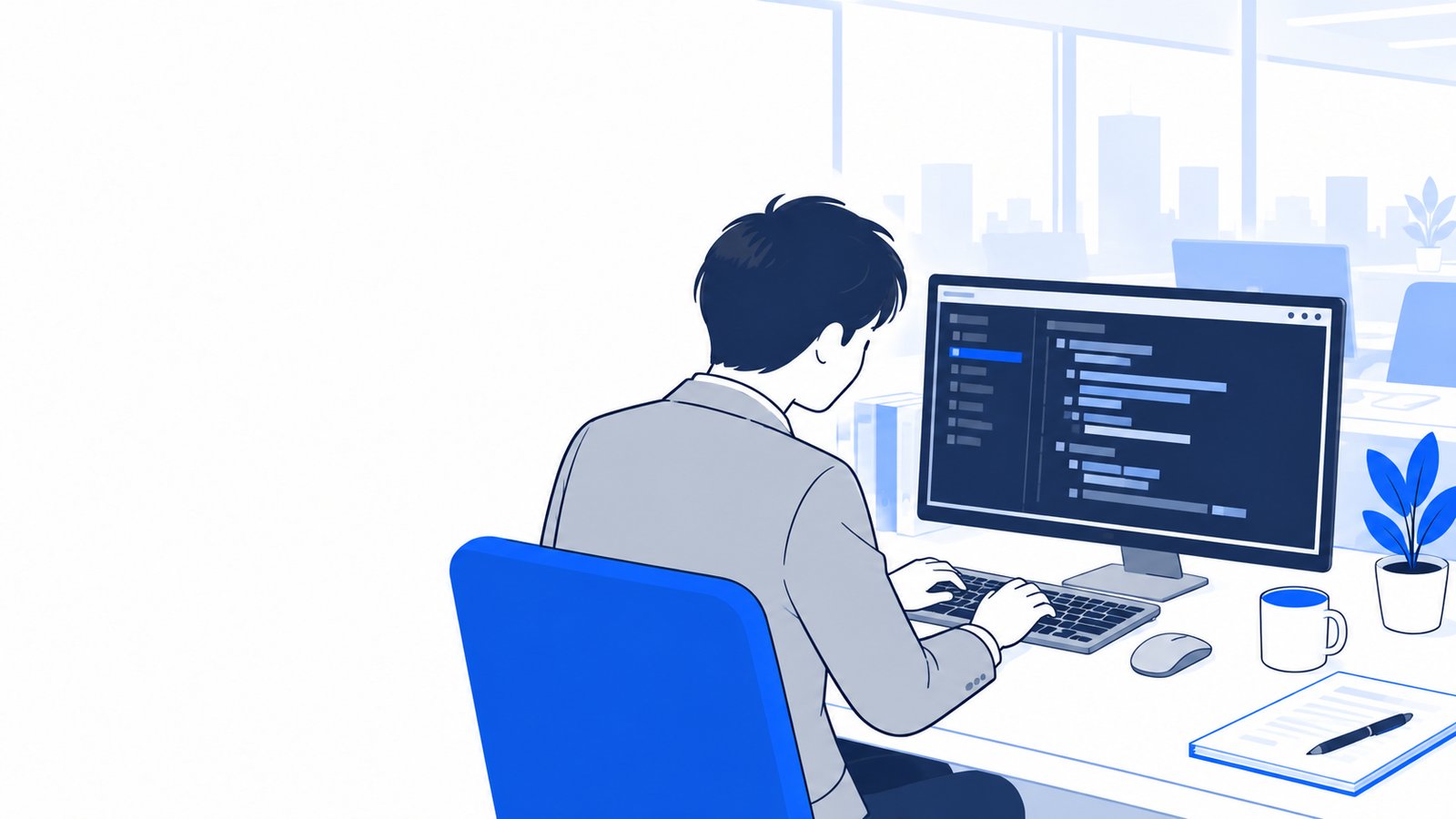ターミナルの画面を見ながら、AGENTS.mdの雛形を作っている会社員