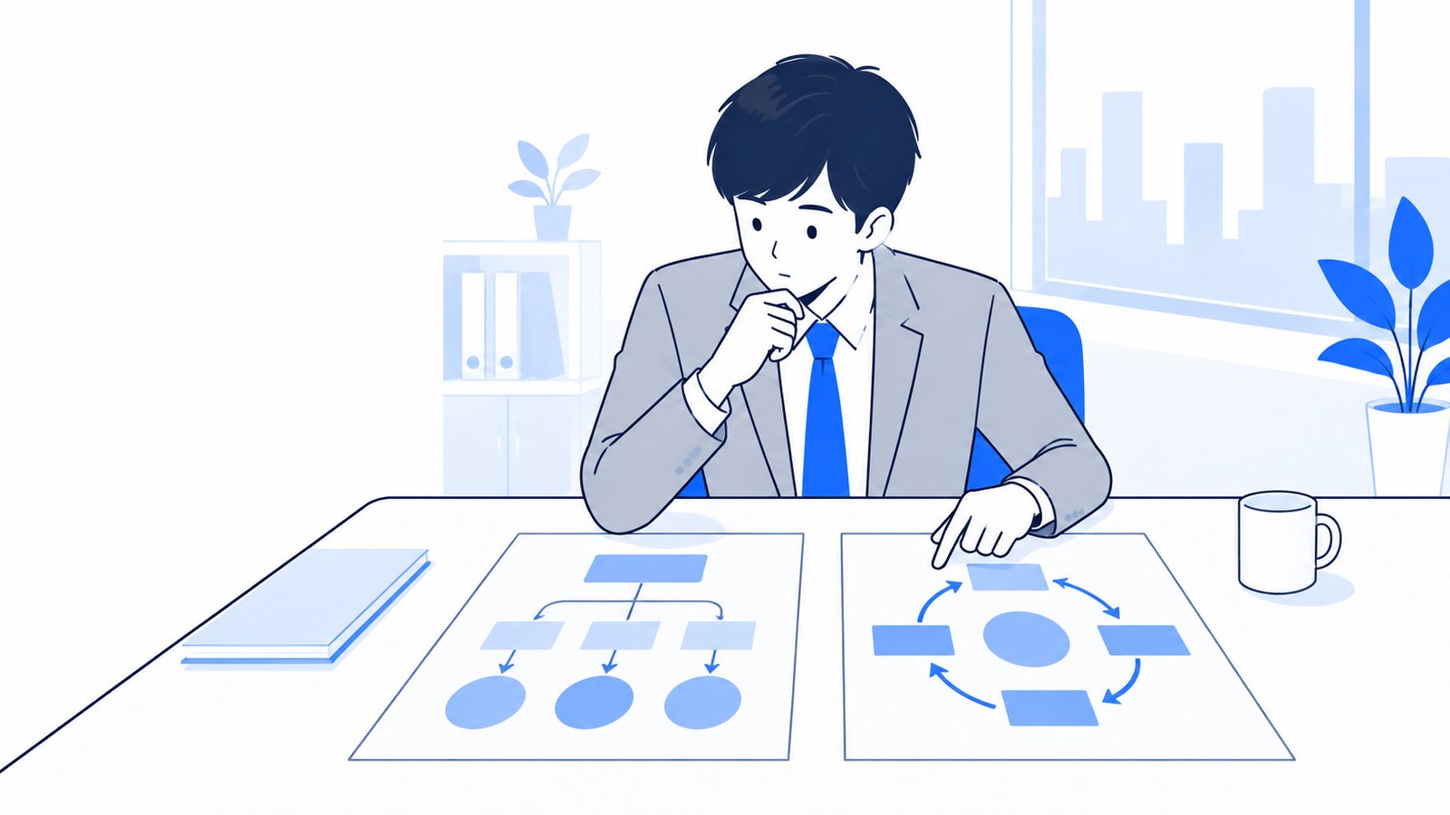 2つの方法の違いを書いた紙を並べて、使い分けを検討する担当者