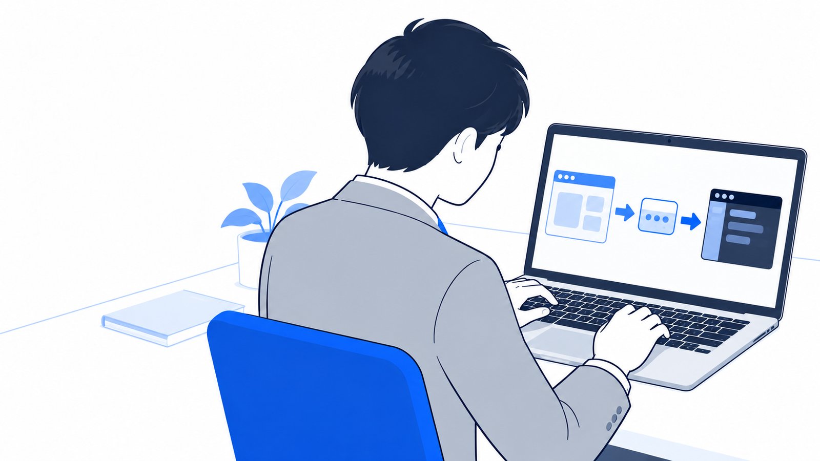 会社員がノートPCで、アプリとCodexの間をつなぐ仕組みの説明図を確認している場面