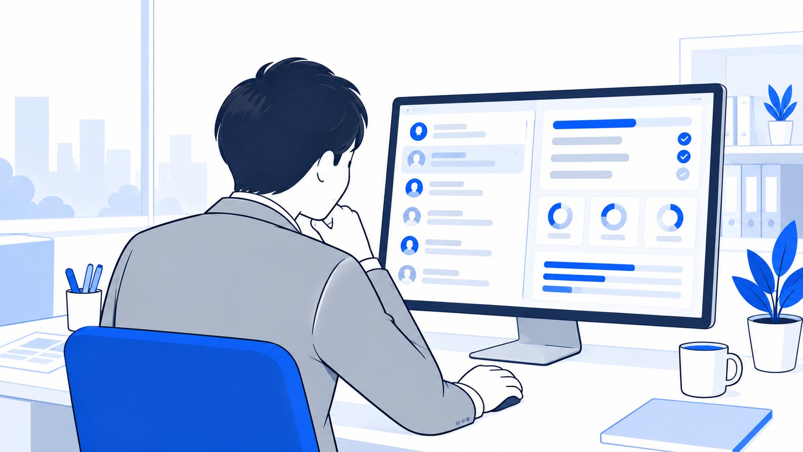 会話の一覧と作業の進み具合が並んだ画面を、担当者が確認している場面