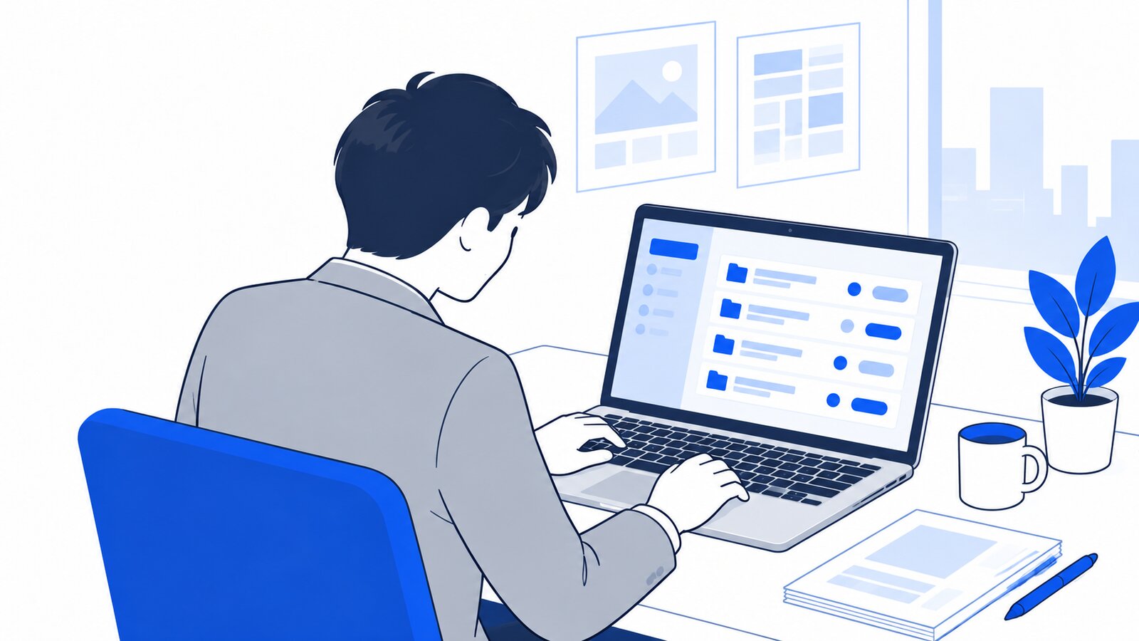 ノートPCでアプリを開き、プロジェクトの一覧を見ている会社員