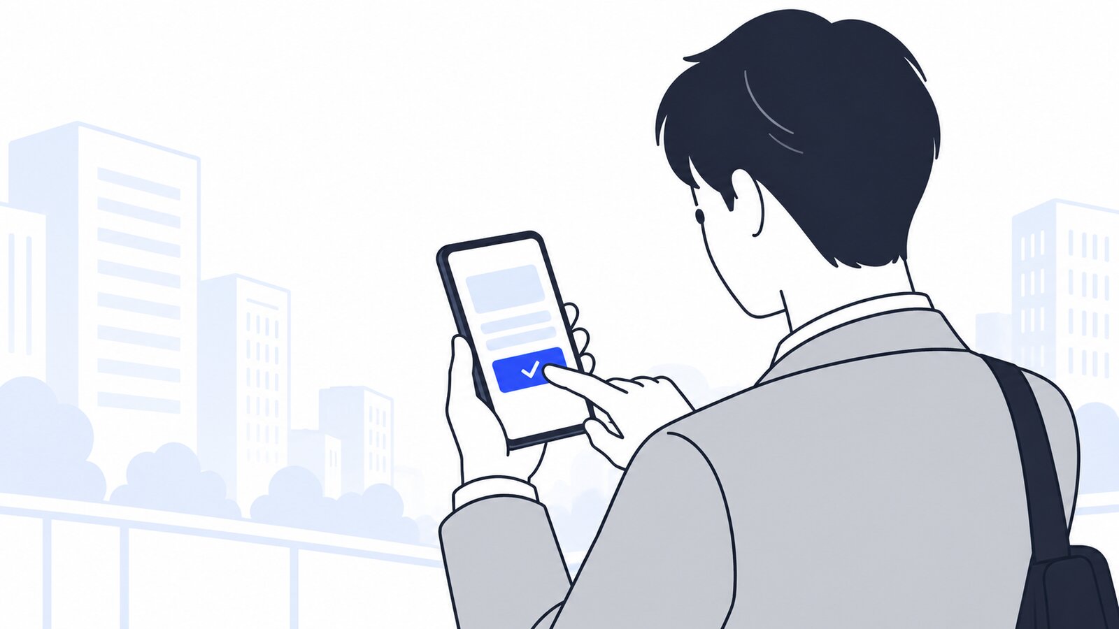 外出先でスマホを見ながら作業の承認をしている会社員