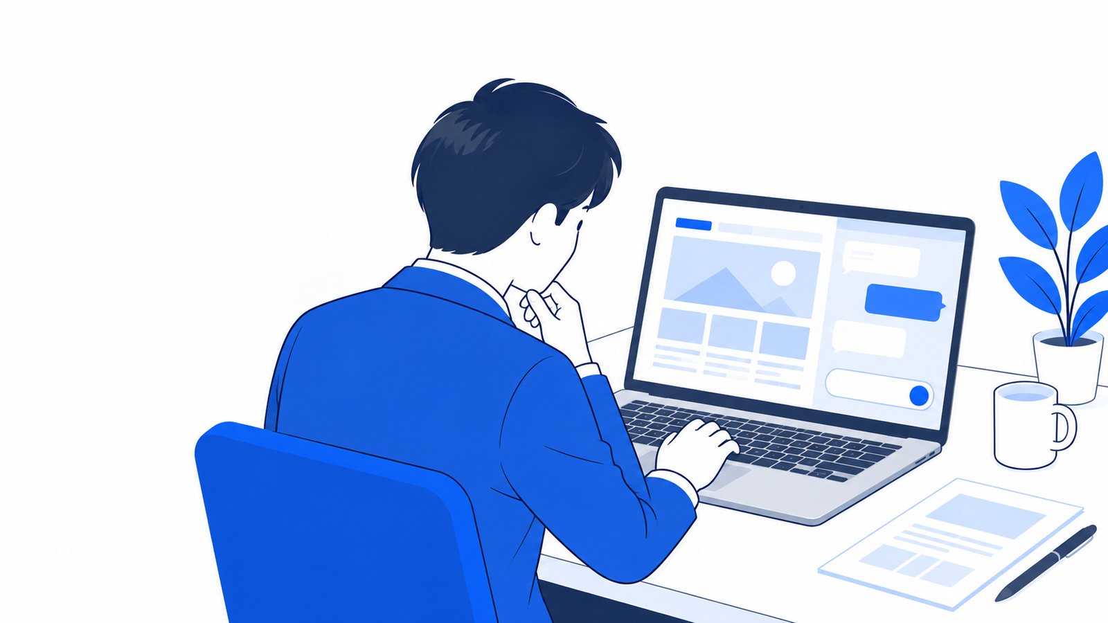 ノートPCに表示したWebページを見ながら、会社員がAIに修正を頼んでいる場面