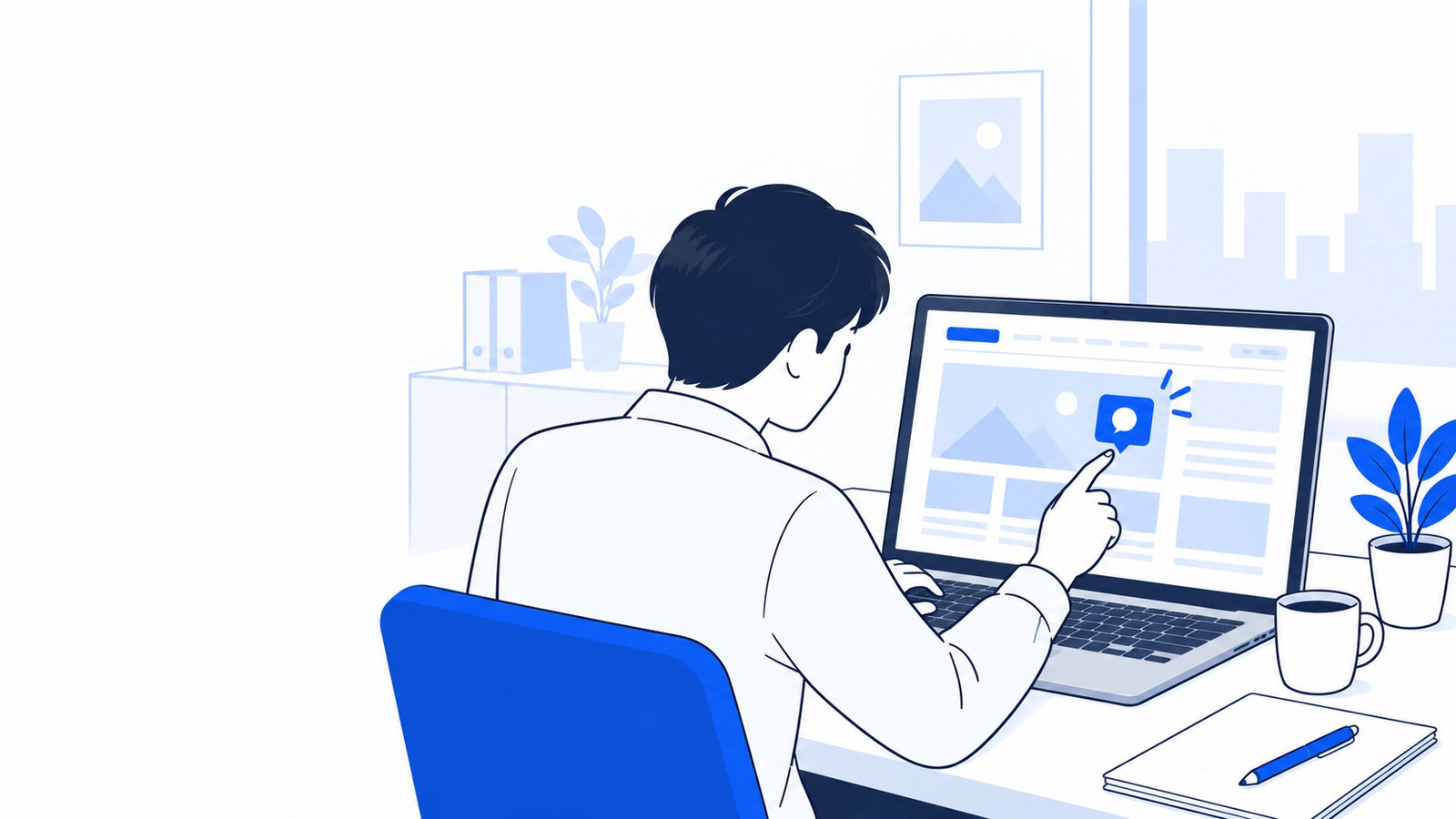 アプリの中のブラウザに表示した自社サイトを見ながら、気になる場所にコメントを付ける会社員