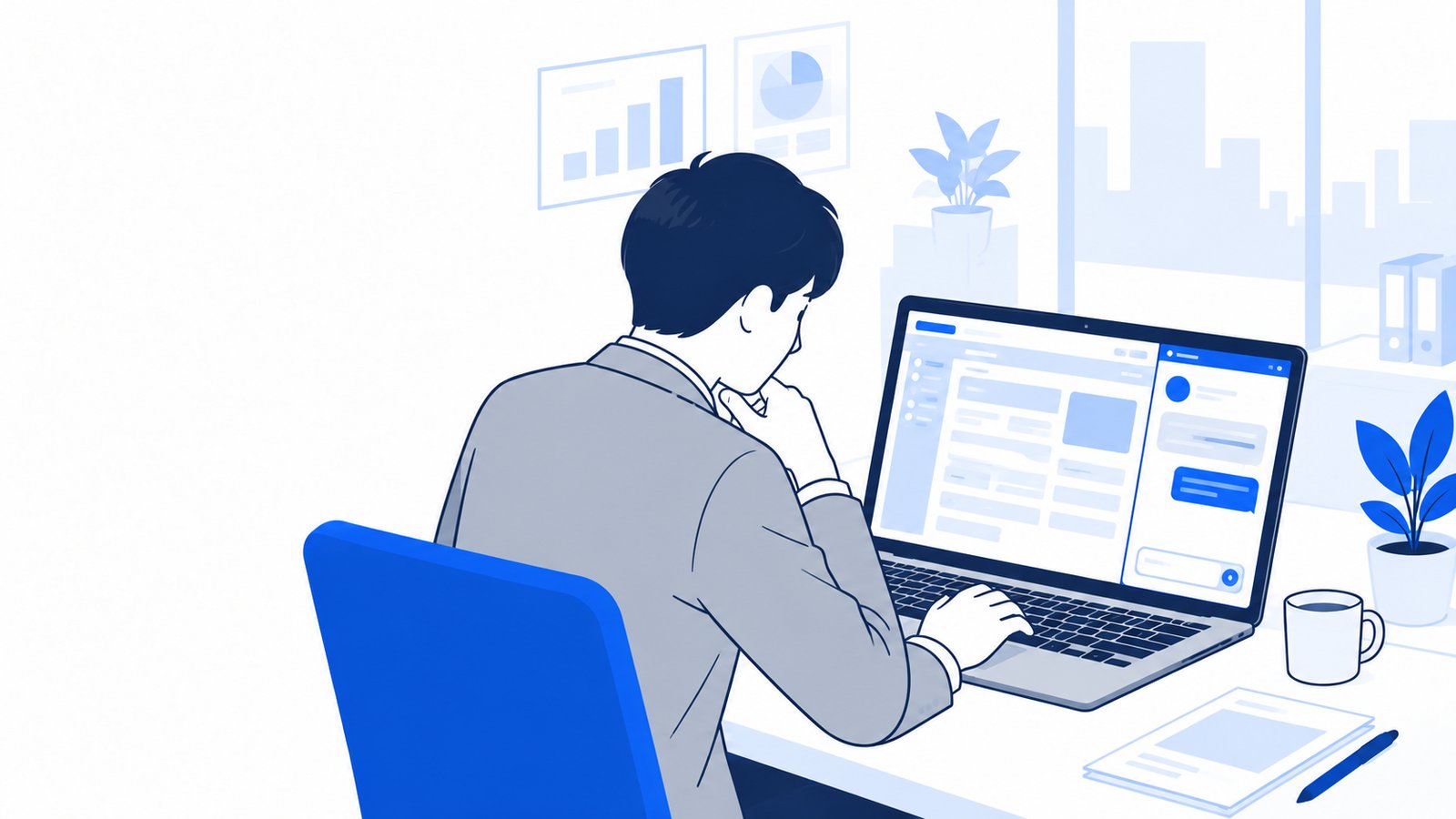 ログイン済みの業務画面を開いたブラウザを見ながら、会社員がCodexに確認を頼んでいる場面