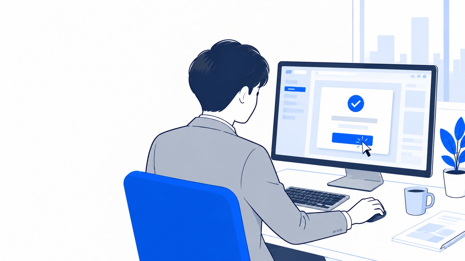 デスクトップアプリの画面を見ながら、会社員がCodexに操作の許可を出している場面
