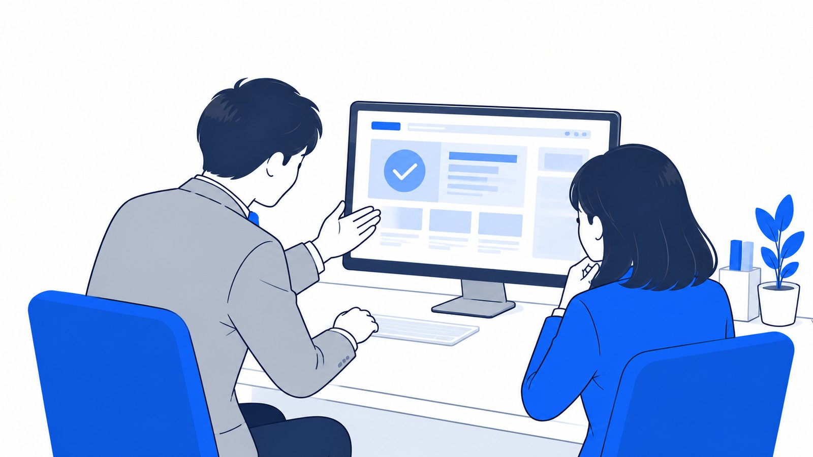 ブラウザの画面を見ながら、同僚に確認結果を説明している会社員
