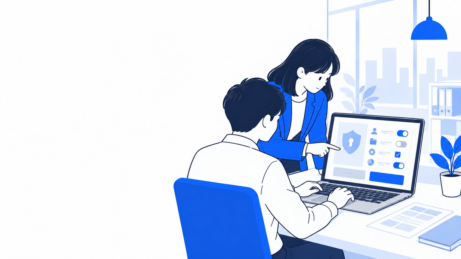 許可の確認画面を前にして、設定の内容を同僚と確かめる会社員
