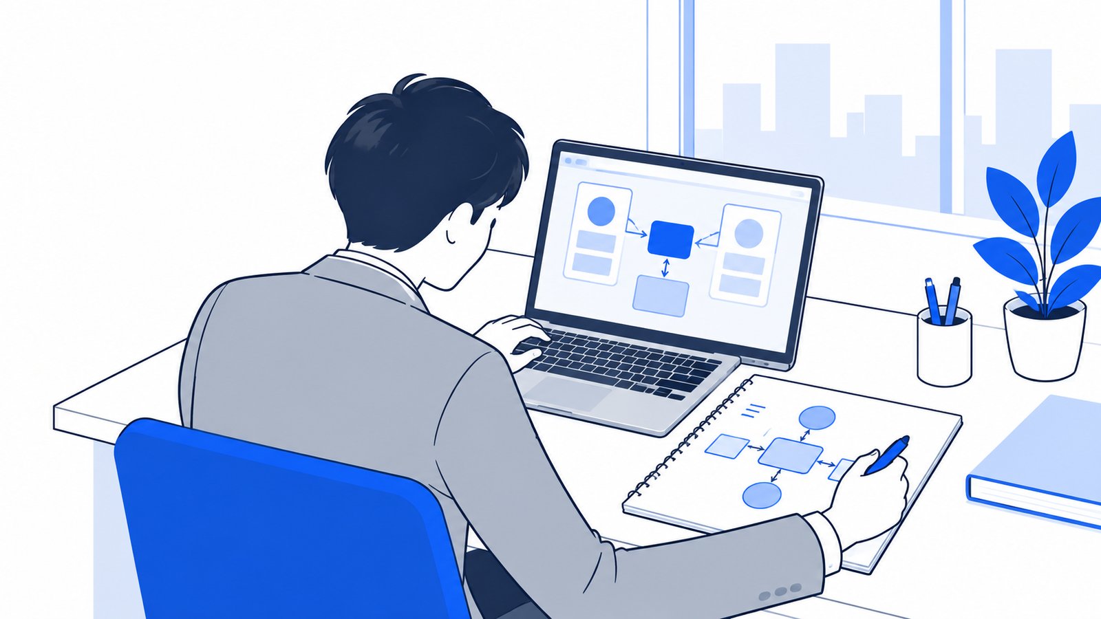 会社員がノートPCに向かい、ChatGPTとCodexの関係をメモに書き出して整理している場面