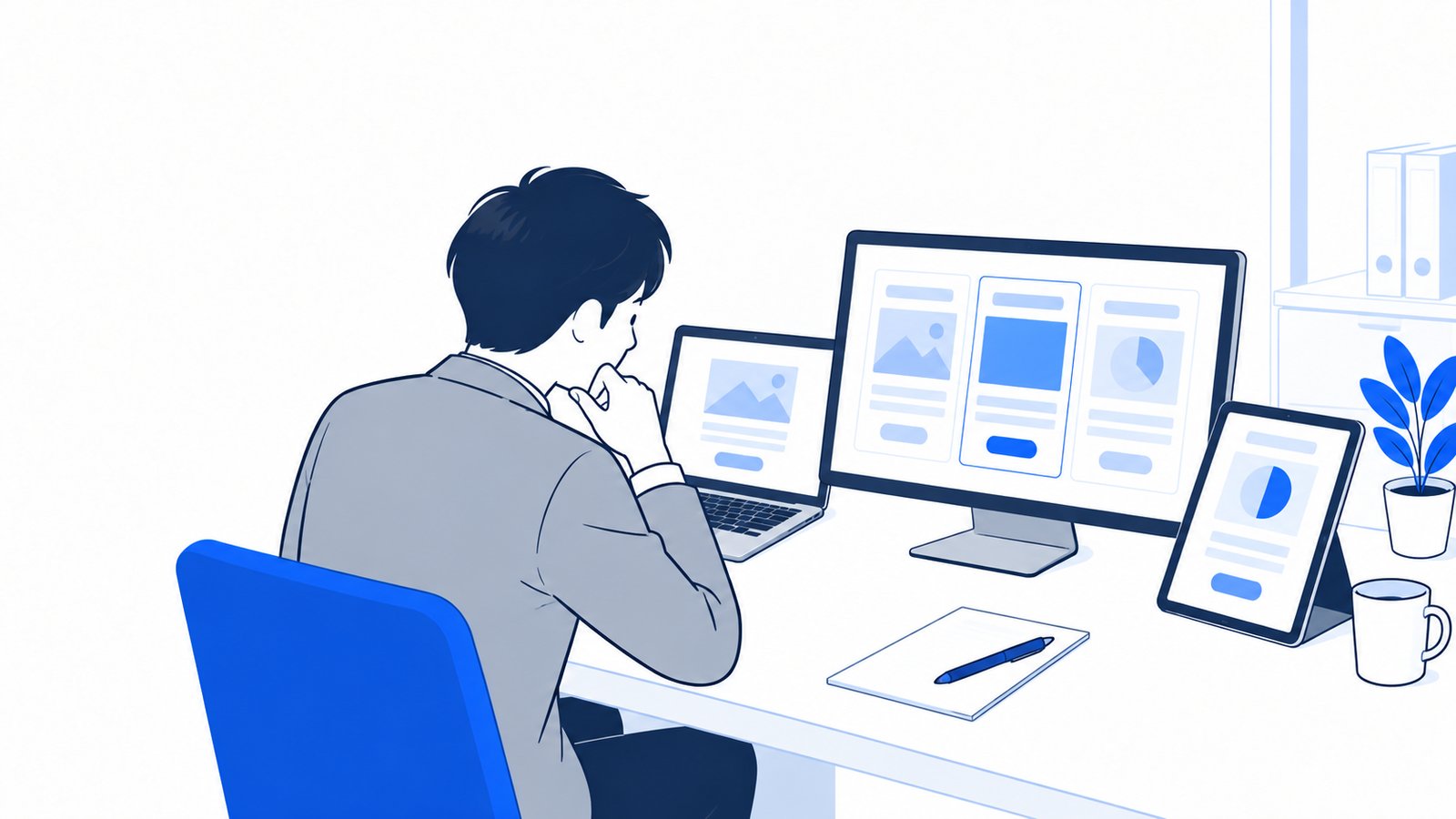 会社員が机の上で3つの画面の案内を見比べ、どれを使うか考えている場面