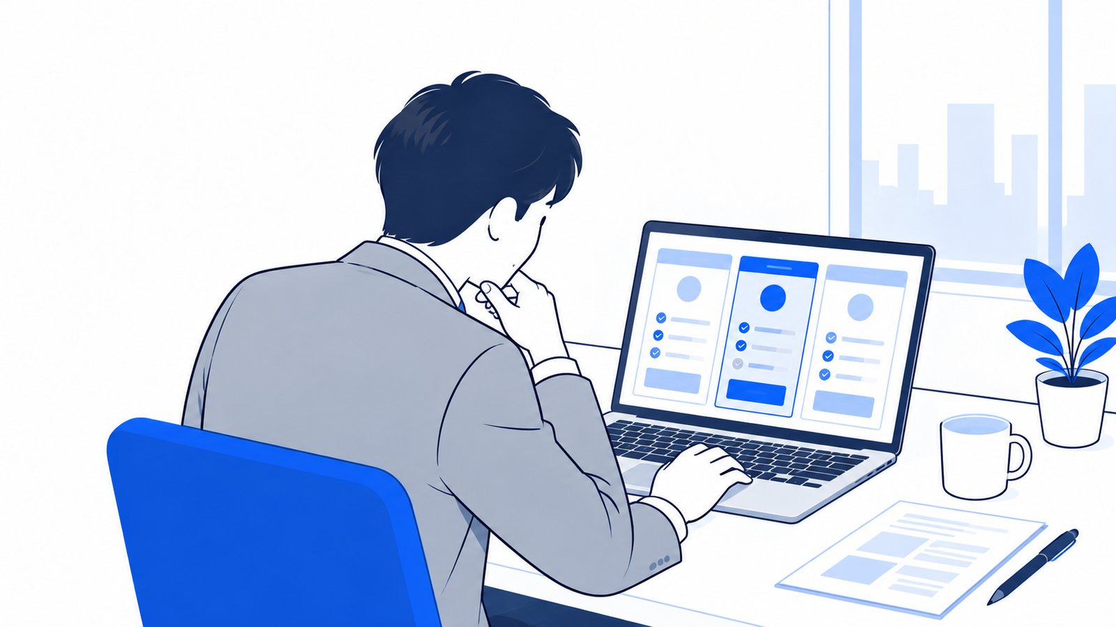 経営者がノートPCに表示された料金プランの表を見比べながら、契約するプランを考えている場面