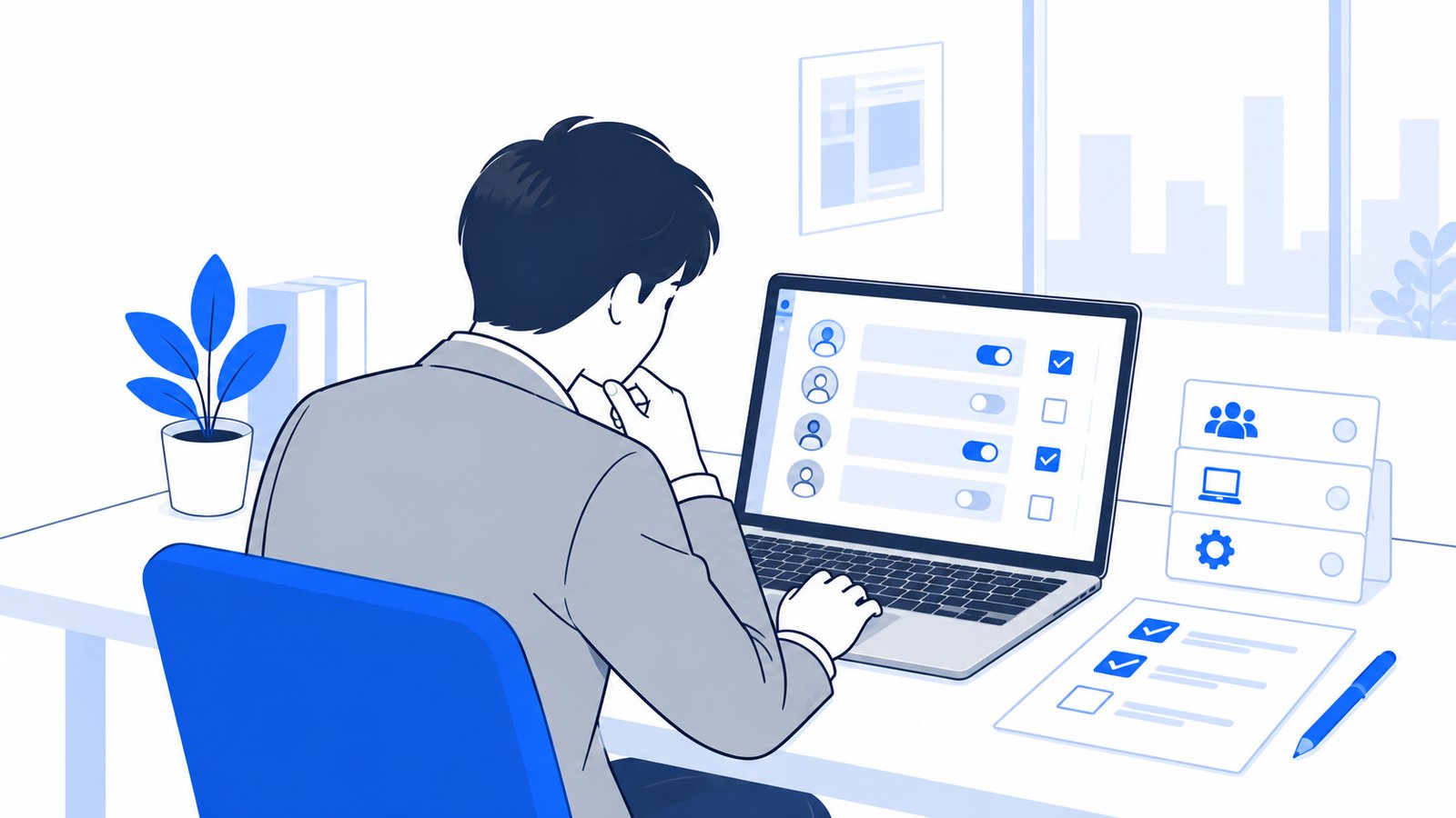 担当者がノートPCの権限設定の画面を確認しながら、社内で使うルールを考えている場面