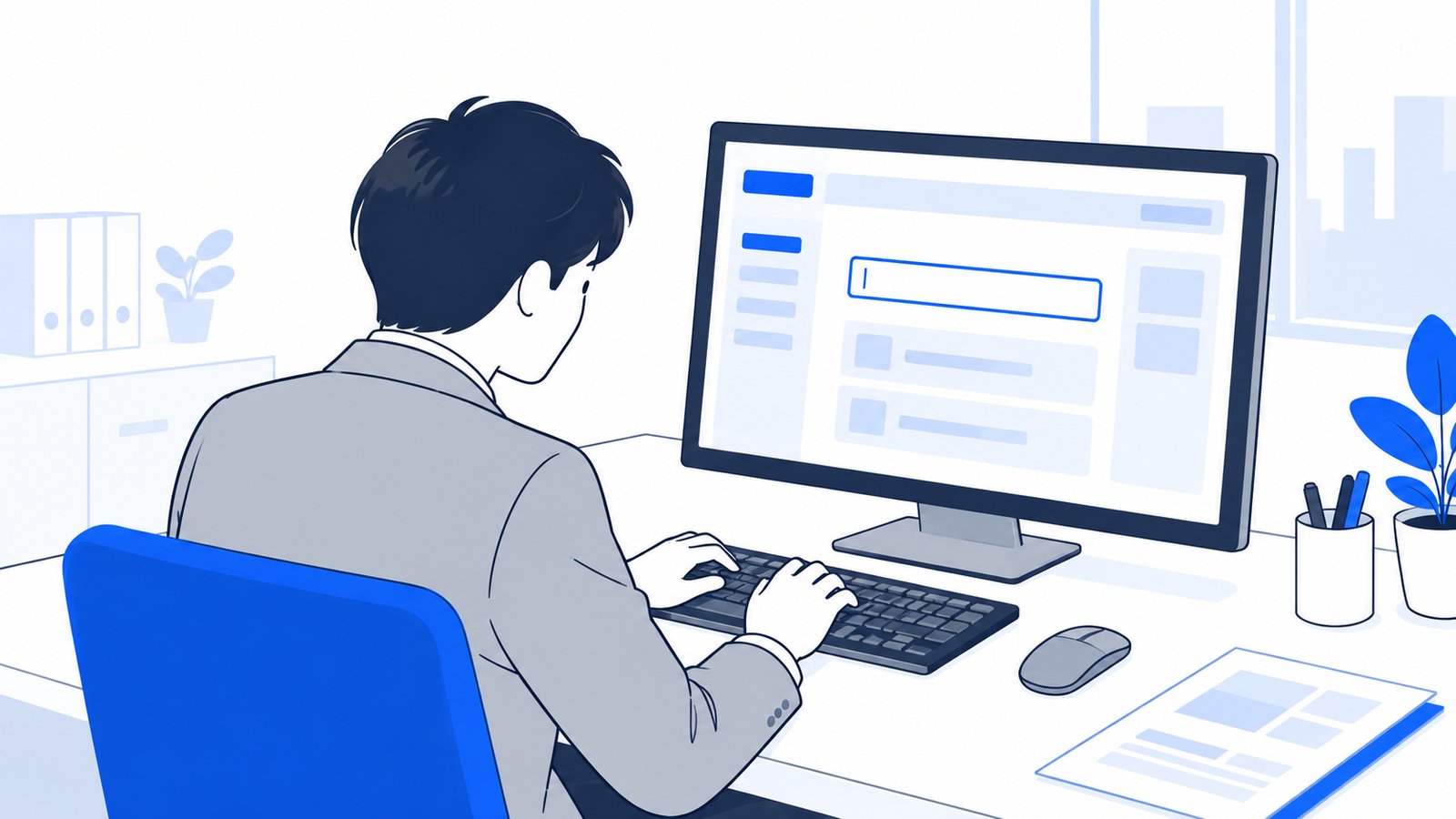 会社員がデスクトップアプリを開いて、最初の依頼を入力している手元