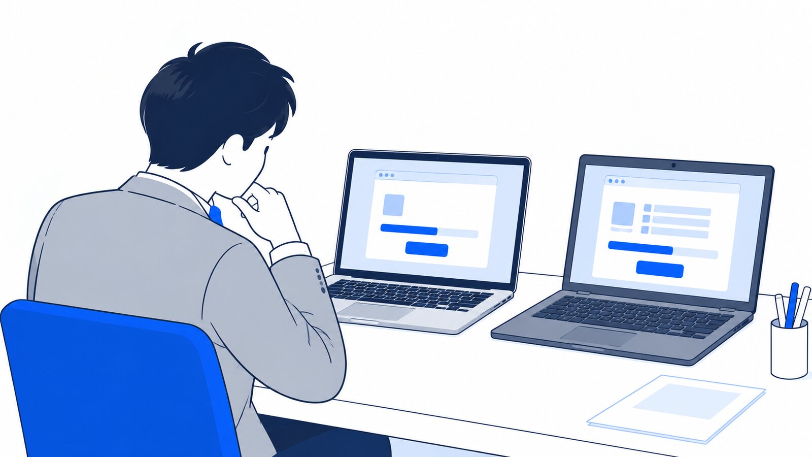 机に並べたMacとWindowsのノートPCを見比べて、インストール方法を考える人