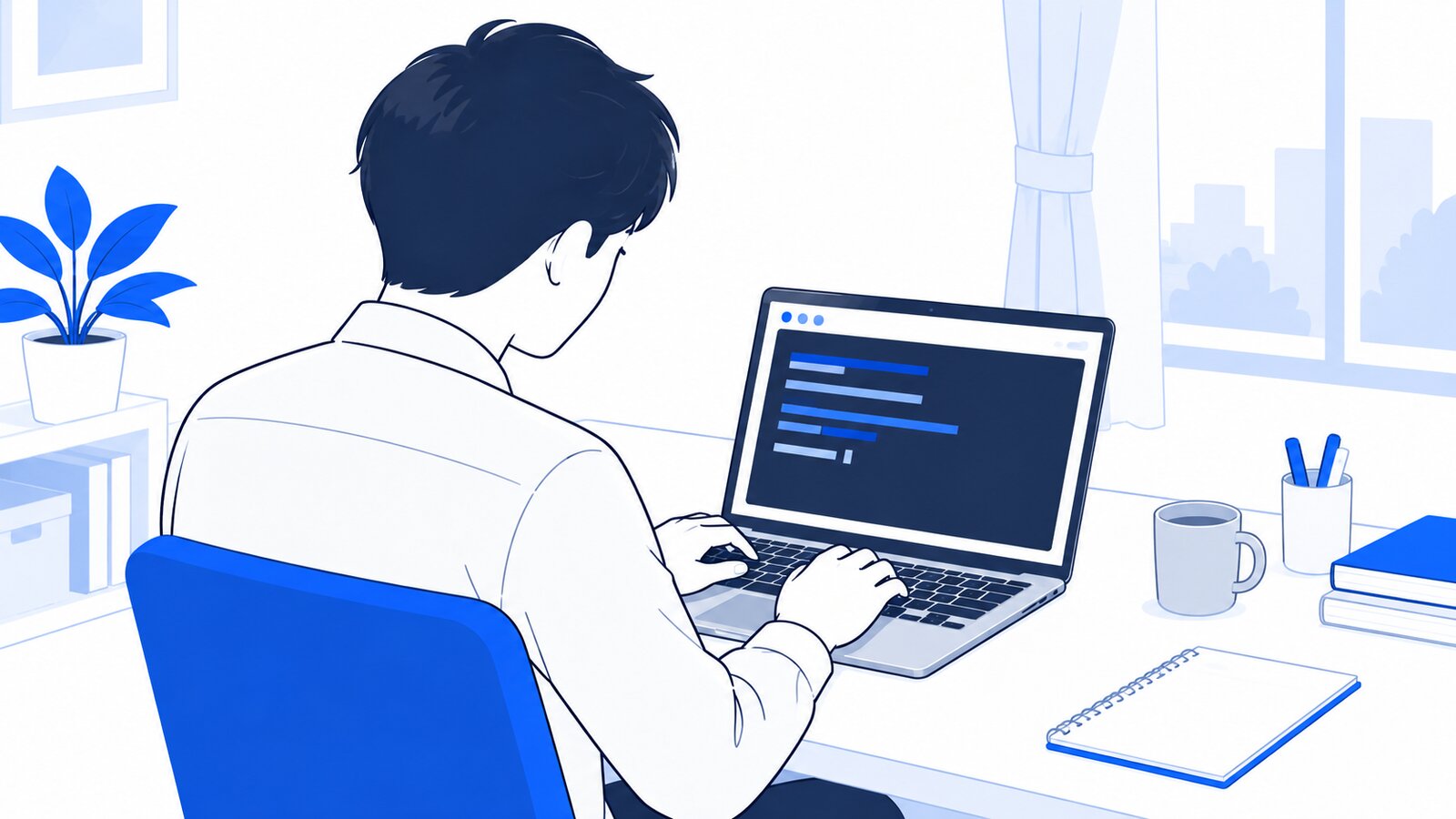 自宅の机でMacBookのターミナルにコマンドを入力する人を、肩越しに見る構図