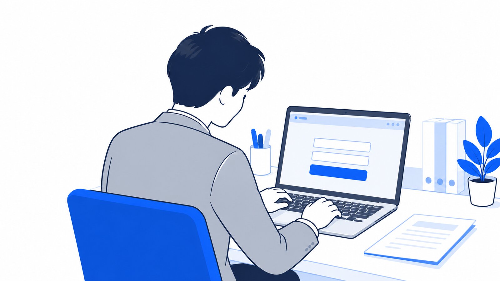 自席でノートPCのブラウザに表示されたログイン画面を確かめる人