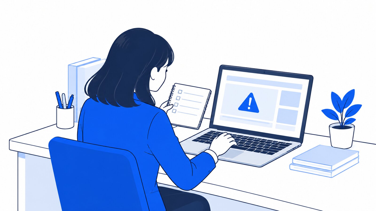 自席でノートPCのエラー表示を前に、メモを見ながら原因を探す人