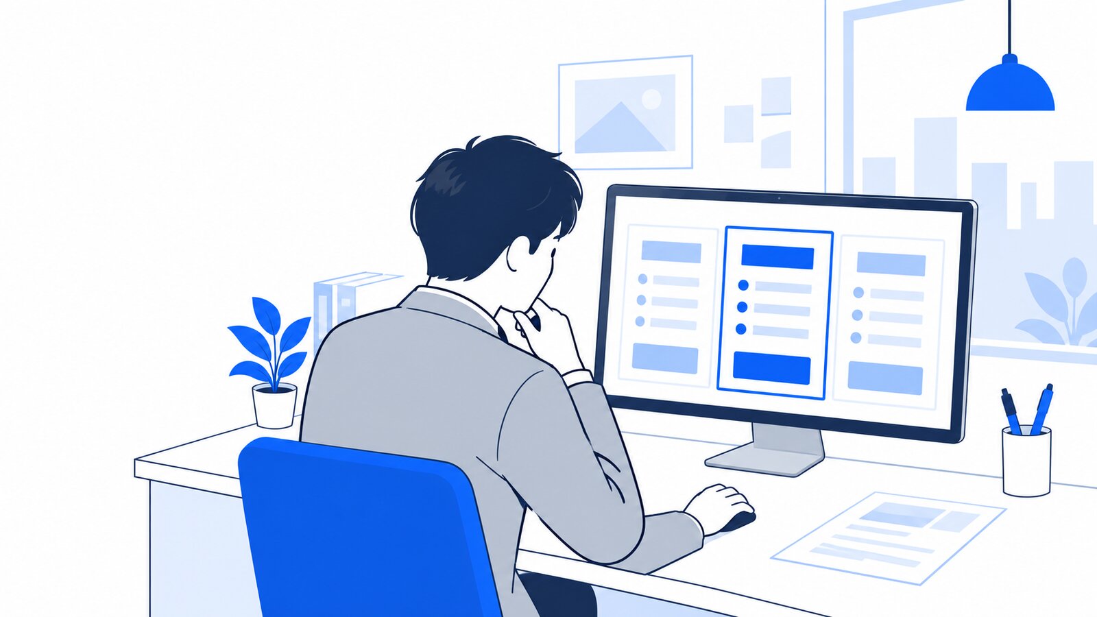 PCで料金表を見ながら、どのプランにするか考える個人事業主