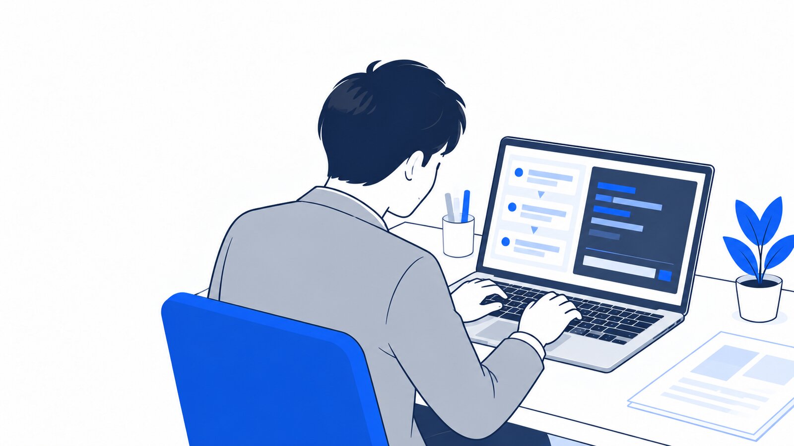 ノートPCでインストールの手順を見ながら、コマンドを入力している人