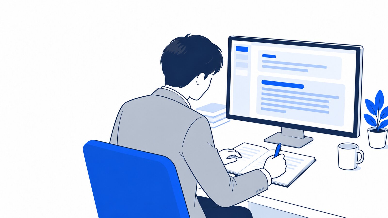 机で、ターミナルに表示されたAIの返答を読みながらメモを取る人