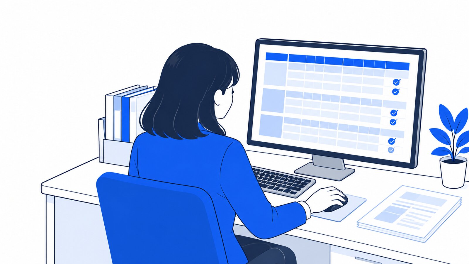 事務担当がPCで、自動で整理されたCSVファイルの結果を確認している