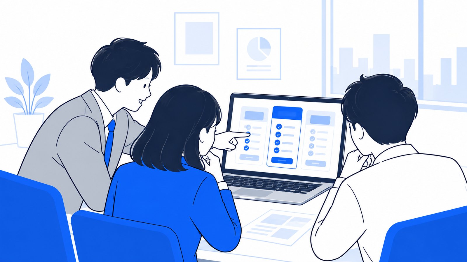 料金プランの一覧を見ながら、どれにするか相談する会社員